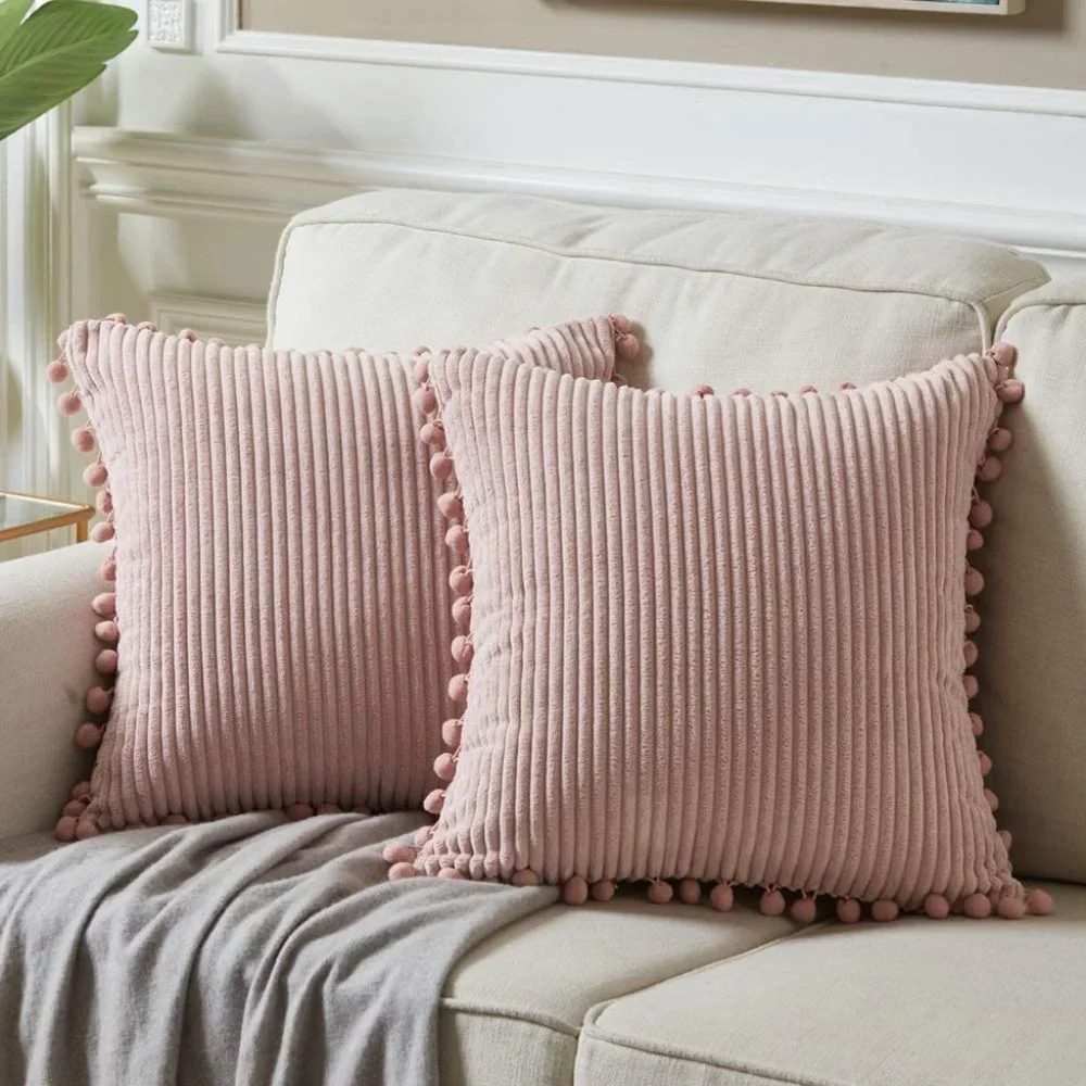 Blush Pink Corduroy Luxury Velvet Pompom Bed/Sofa Throw Pillow Cover/CaseSet - Picture 8 of 8